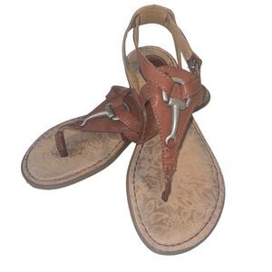 boc Brown Leather T Strap Silver Detail Buckle Toe Post Sandals Size 7